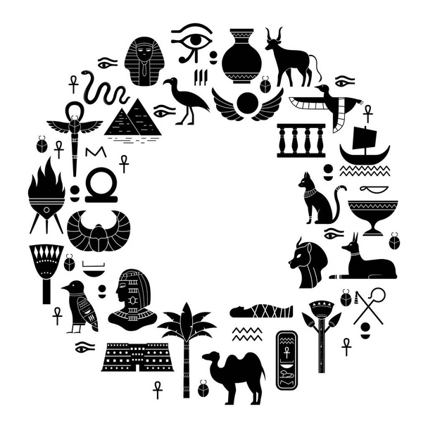 Egipskie starożytne symbole. Mitologia egipskie święte zwierzęta, bogowie i sylwetki piramidy. Starożytne egipskie ikony wektor zestaw ilustracji - Wektor, obraz