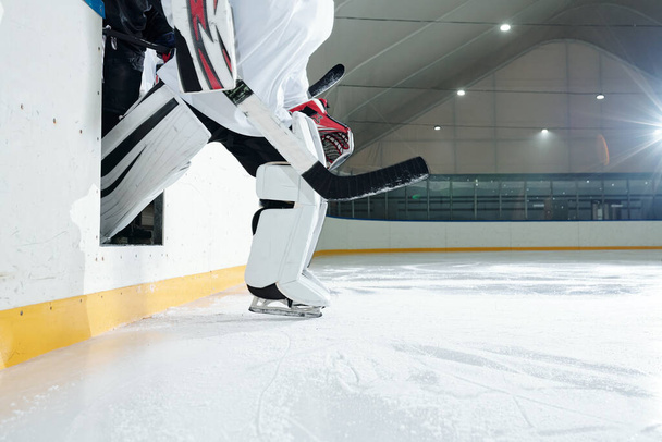 Профессиональный хоккеист в форме, защитный шлем, перчатки и коньки, выходящие с трибуны на каток для игры на стадионе, держа в руках палку - Фото, изображение