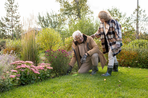 Blond fena v brýlích v důchodu a teplý stylový kostkovaný kabát pomáhá svému manželovi stát na kolenou na zeleném trávníku u květinového záhonu - Fotografie, Obrázek