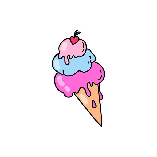 Ice cream balls melt in a waffle cone. Frozen summer dessert. Doodle style. Vector illustration on isolated background. For stickers, patches, cards, invitations - Vector, Image