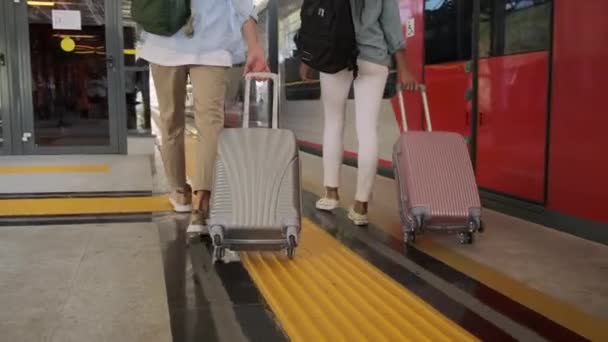 Cestovatelé s kufříky na vozíky, pohled zezadu - Záběry, video