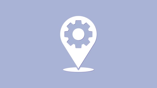 White Location mit Getriebesymbol isoliert auf lila Hintergrund. 4K Video Motion Grafik Animation - Filmmaterial, Video