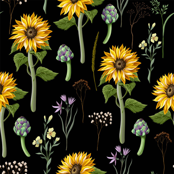 Płynny wzór ze słonecznikami, karczochami i dzikimi kwiatami. Ilustracja wektora. - Wektor, obraz