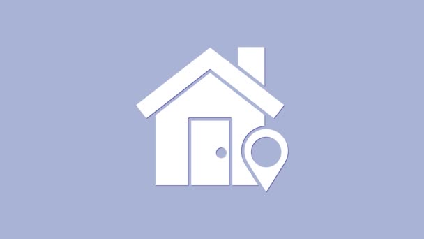 Ponteiro de mapa branco com ícone de casa isolado no fundo roxo. Símbolo do marcador de localização. Animação gráfica em movimento de vídeo 4K - Filmagem, Vídeo