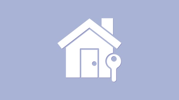 Weißes Haus mit Schlüsselsymbol auf violettem Hintergrund. Das Konzept des schlüsselfertigen Hauses. 4K Video Motion Grafik Animation - Filmmaterial, Video