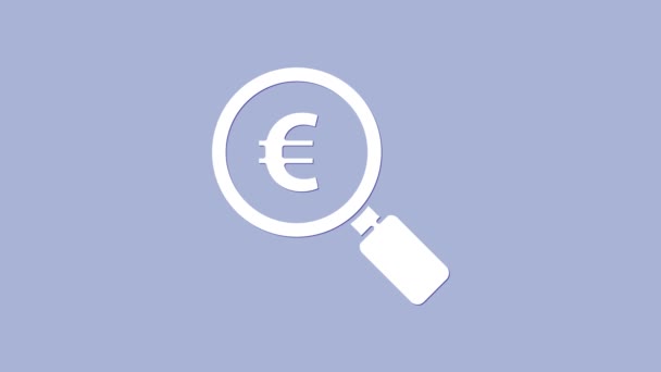 Λευκό μεγεθυντικό γυαλί και εικονίδιο του ευρώ που απομονώνονται σε μωβ φόντο. Βρες λεφτά. Ψάχνω για λεφτά. 4K Γραφική κίνηση κίνησης βίντεο - Πλάνα, βίντεο