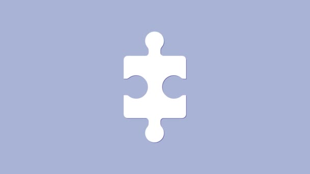 Pieza blanca del icono del rompecabezas aislado sobre fondo púrpura. Negocios, marketing, finanzas, diseño, infografías, concepto de Internet. Animación gráfica de vídeo 4K - Metraje, vídeo