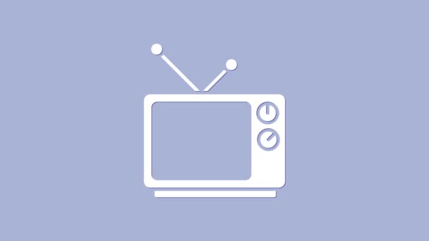 Icono blanco retro tv aislado sobre fondo púrpura. Señal de televisión. Animación gráfica de vídeo 4K - Metraje, vídeo