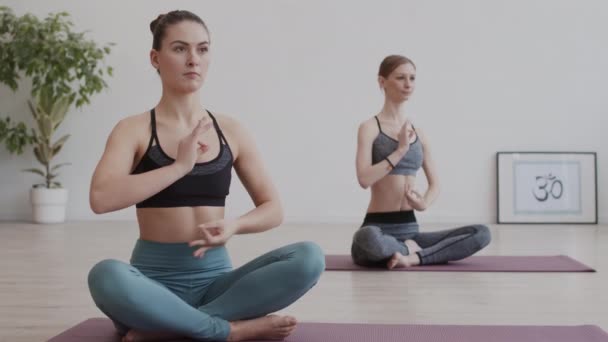 Ampia ripresa di due yogi donne che indossano vestiti sportivi seduti in posizione a gambe incrociate su tappetini yoga durante le lezioni di yoga e meditando - Filmati, video