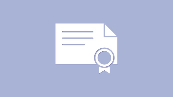 Icona modello certificato bianco isolato su sfondo viola. Conseguimento, premio, laurea, borsa di studio, diplomi. Animazione grafica 4K Video motion - Filmati, video