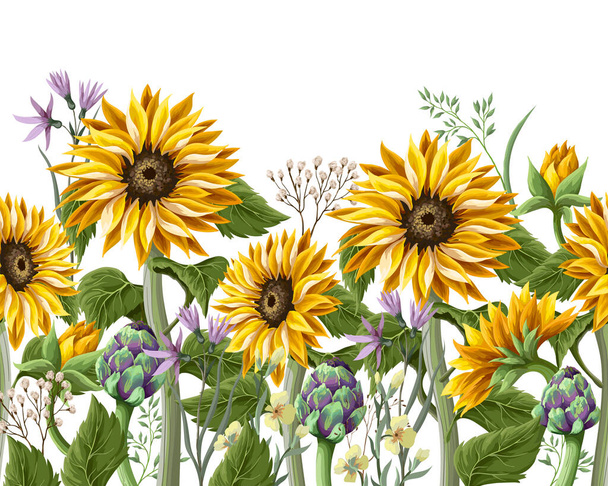 Rand mit Sonnenblumenstrauß, Artischocke und Wildblume. Vektorillustration. - Vektor, Bild