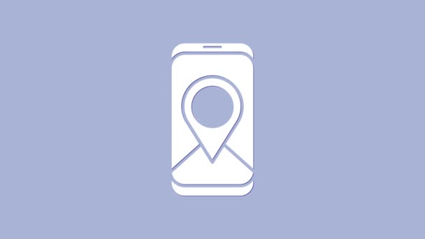 Infographie blanche de l'icône de navigation de la carte de la ville isolée sur fond violet. Conception de concept d'interface d'application mobile. Concept de géolacation. Animation graphique de mouvement vidéo 4K - Séquence, vidéo