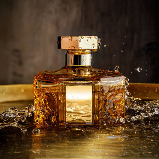 Splashing water around the golden perfume bottle. - Photo, Image