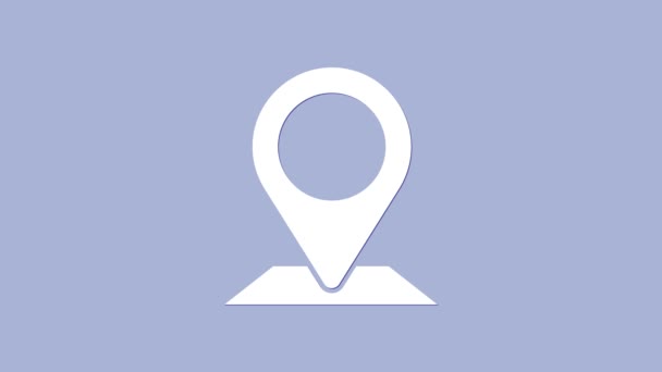 Bílá mapa pin ikona izolované na fialovém pozadí. Navigace, ukazatel, poloha, mapa, GPS, směr, místo, kompas, koncept hledání. Grafická animace pohybu videa 4K - Záběry, video
