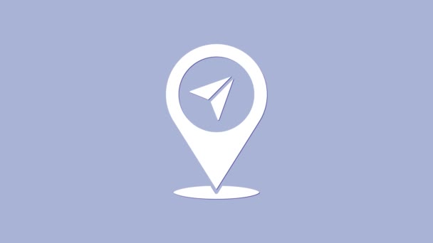 Icono de pin Mapa blanco aislado sobre fondo púrpura. Navegación, puntero, ubicación, mapa, GPS, dirección, lugar, brújula, concepto de búsqueda. Animación gráfica de vídeo 4K - Metraje, vídeo