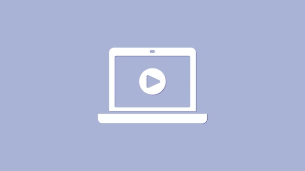 Λευκό εικονίδιο βίντεο αναπαραγωγής σε απευθείας σύνδεση απομονώνεται σε μωβ φόντο. Φορητός υπολογιστής και ταινία με σήμα αναπαραγωγής. 4K Γραφική κίνηση κίνησης βίντεο - Πλάνα, βίντεο