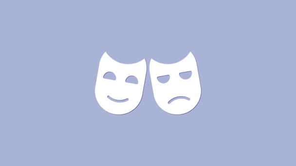 Белая комедия и трагические театральные маски икона выделена на фиолетовом фоне. Видеографическая анимация 4K - Кадры, видео