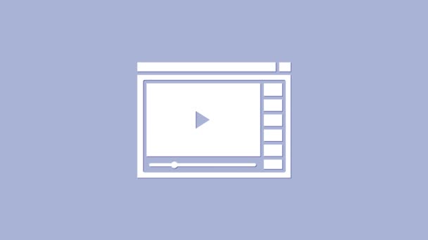 Blanco Online reproducir icono de vídeo aislado sobre fondo púrpura. Película de tira con señal de juego. Animación gráfica de vídeo 4K - Metraje, vídeo
