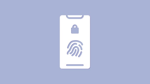 Smartphone branco com ícone scanner de impressão digital isolado no fundo roxo. Conceito de segurança, acesso pessoal através do dedo no celular. Animação gráfica em movimento de vídeo 4K - Filmagem, Vídeo