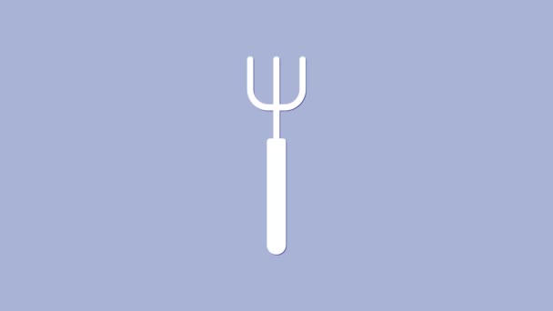 Icono de horquilla White Garden aislado sobre fondo púrpura. Señal de tenedor de jardín. Herramienta para horticultura, agricultura, agricultura. Animación gráfica de vídeo 4K - Metraje, vídeo