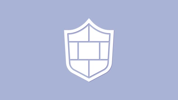 Белый щит с иконкой кирпичной стены кибербезопасности, изолированной на фиолетовом фоне. Символ защиты данных. Файервол. Защита сети. Видеографическая анимация 4K - Кадры, видео