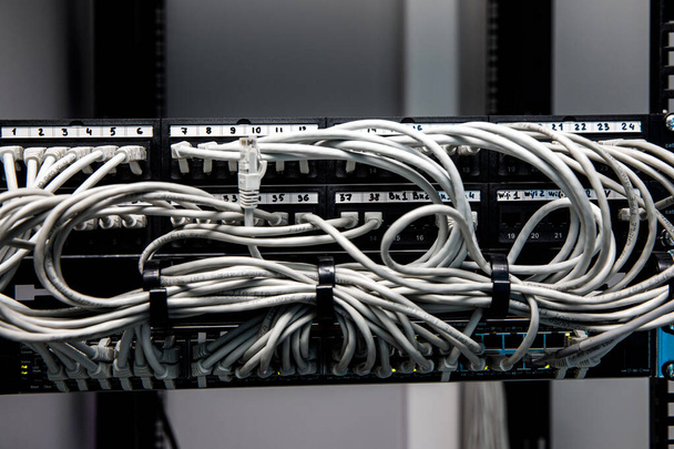 Panel sieciowy, przełącznik i kable w centrum danych. - Zdjęcie, obraz