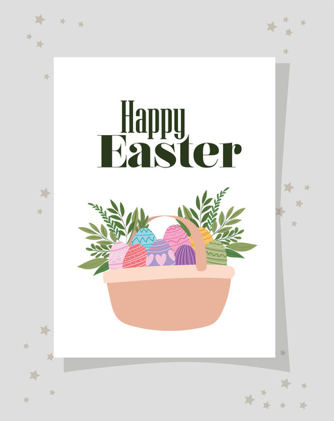 meghívó boldog húsvéti felirattal és húsvéti tojással szürke alapon - Vektor, kép