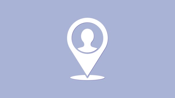 Marqueur de carte blanche avec une silhouette d'une icône de personne isolée sur fond violet. Le symbole de localisation GPS. Animation graphique de mouvement vidéo 4K - Séquence, vidéo
