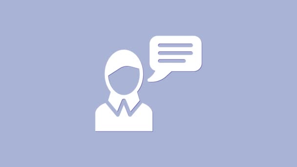Иконка пузыря White Speech выделена на фиолетовом фоне. Значок сообщения. Коммуникация или комментарий символ чата. Видеографическая анимация 4K - Кадры, видео