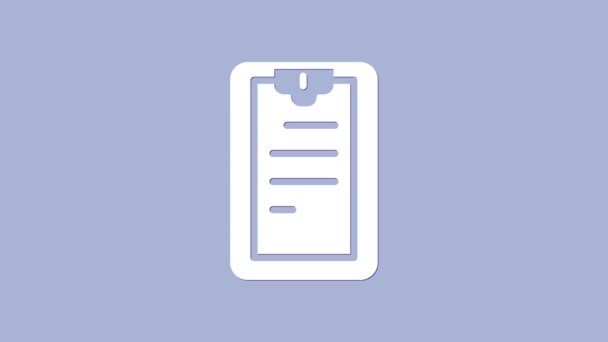 Witte Klembord met checklist pictogram geïsoleerd op paarse achtergrond. Controlelijstsymbool. Enquête enquête of vragenlijst feedback formulier. 4K Video motion grafische animatie - Video