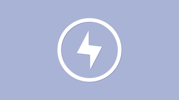 Weißes Blitz-Symbol isoliert auf lila Hintergrund. Blinkzeichen. Laden Sie Flash-Symbol. Blitzschlag. Blitzschlag. 4K Video Motion Grafik Animation - Filmmaterial, Video