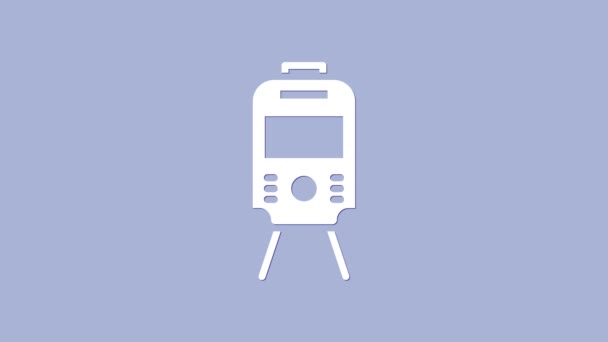 Tram blanc et icône de chemin de fer isolé sur fond violet. Symbole des transports publics. Animation graphique de mouvement vidéo 4K - Séquence, vidéo
