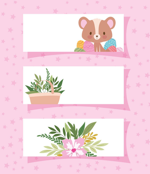kereteket egy aranyos medve és egy kosár tele növényekkel - Vektor, kép