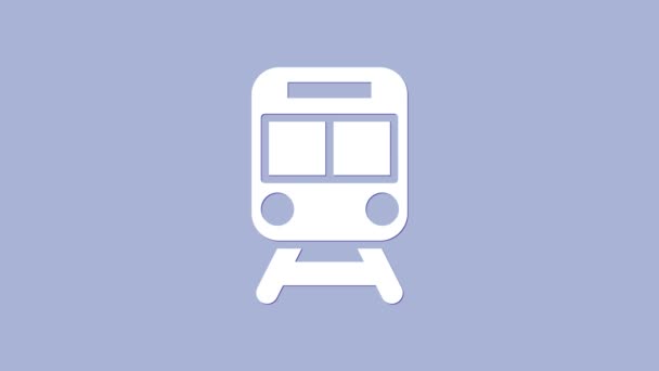 Train blanc et icône de chemin de fer isolé sur fond violet. Symbole des transports publics. Transport par métro. Metro underground. Animation graphique de mouvement vidéo 4K - Séquence, vidéo