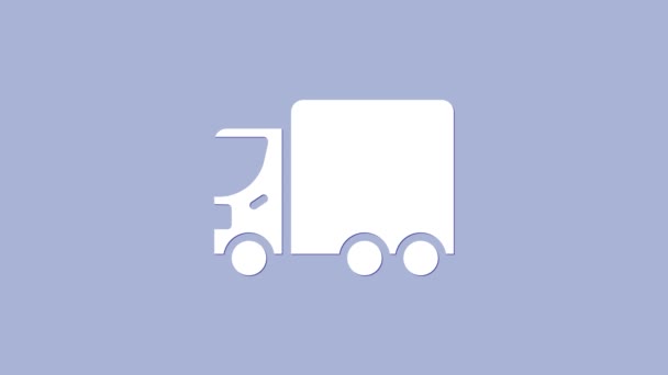 Witte Levering vrachtwagen voertuig pictogram geïsoleerd op paarse achtergrond. 4K Video motion grafische animatie - Video