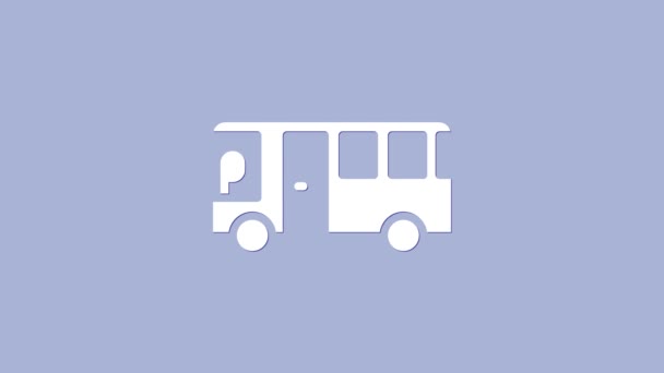 Білий автобус ізольований на фіолетовому фоні. Концепція транспортування. Автобусний транспортний знак. Туризм або символ громадського транспорту. 4K Відеографічна анімація - Кадри, відео