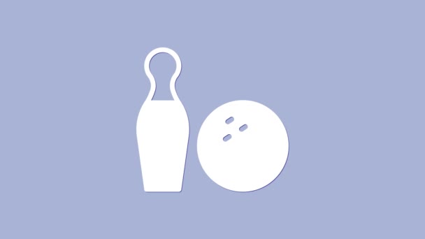 Épinglette de bowling blanche et icône de balle isolée sur fond violet. Équipement sportif. Animation graphique de mouvement vidéo 4K - Séquence, vidéo