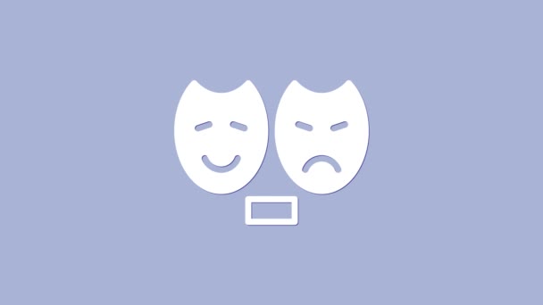 紫の背景に隔離されたホワイトコメディと悲劇的な劇場の仮面のアイコン。4Kビデオモーショングラフィックアニメーション - 映像、動画