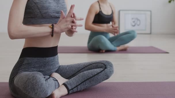 Két felismerhetetlen nő lezárása, akik elegáns sportruhákat viselnek lótuszban ülve, jóga matracon pózolnak jóga edzés és meditálás közben. - Felvétel, videó