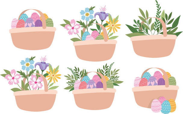 baskets full of easter eggs, flowers and green plants - Vector, Image