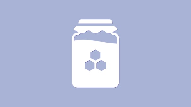 Vasetto bianco di icona di miele isolato su sfondo viola. Banco alimentare. Dolce simbolo del cibo naturale. Animazione grafica 4K Video motion - Filmati, video