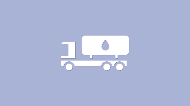 Icono de camión cisterna blanco aislado sobre fondo púrpura. Petrolero, camión de gasolina, cisterna, remolque de petróleo. Animación gráfica de vídeo 4K - Metraje, vídeo