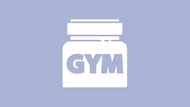 White Sports nutrizione bodybuilding proteine bevanda energetica e icona del cibo isolato su sfondo viola. Animazione grafica 4K Video motion - Filmati, video