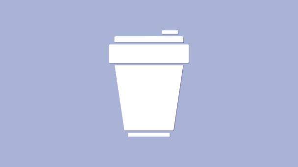 Иконка белого шейкера на фиолетовом фоне. Спортивный шейкер с крышкой для воды и протеиновых коктейлей. Видеографическая анимация 4K - Кадры, видео