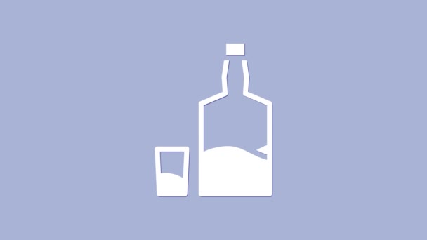 Garrafa de tequila branca e ícone de vidro tiro isolado no fundo roxo. Bebida alcoólica mexicana. Animação gráfica em movimento de vídeo 4K - Filmagem, Vídeo
