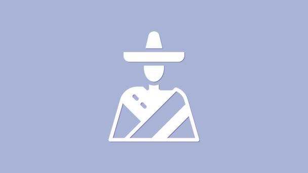 Homem branco mexicano vestindo ícone sombrero isolado no fundo roxo. Homem hispânico com bigode. Animação gráfica em movimento de vídeo 4K - Filmagem, Vídeo