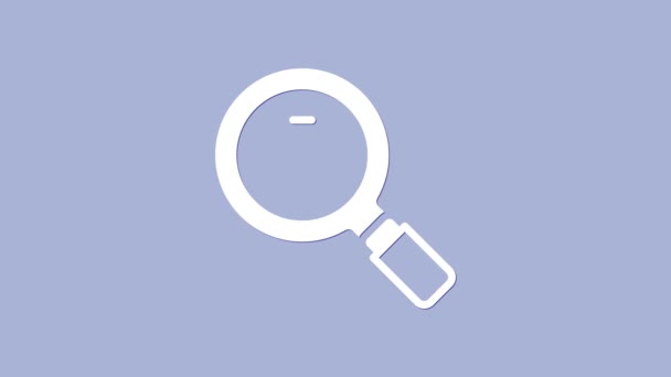 Белый Увеличительное стекло значок изолирован на фиолетовом фоне. Поиск, фокусировка, масштаб, деловой символ. Видеографическая анимация 4K - Кадры, видео