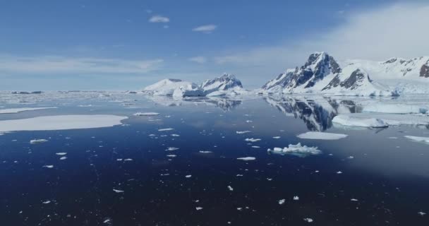 氷河の海岸の空中で南極の海。北極海の湾に浮かぶ氷山。氷、雪を溶かす - 映像、動画