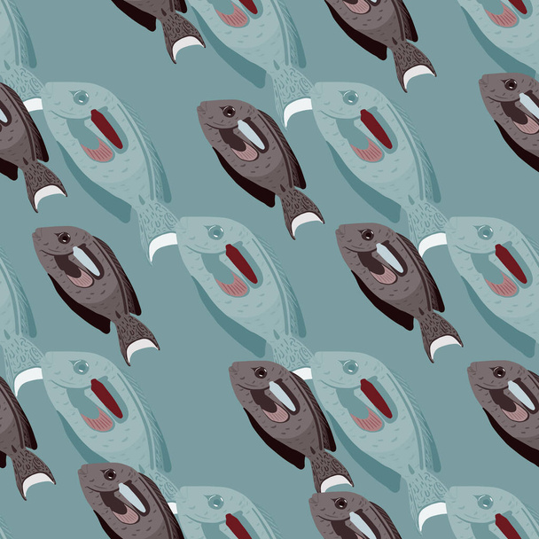 Karikatur abstrakte Meeresfauna nahtloses Muster mit Doodle-Chirurg Fischprint. Blaue und braune Pastelltöne. Dekorativer Hintergrund für Stoffdesign, Textildruck, Verpackung, Einband. Vektorillustration - Vektor, Bild