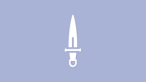 Ikona bílé dýky izolovaná na fialovém pozadí. Ikona nože. Meč s ostrým mečem. Grafická animace pohybu videa 4K - Záběry, video
